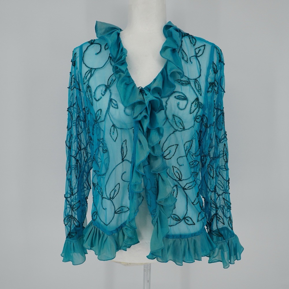 Vintage sheer turquoise‎ beaded ruffle Cardigan Fairycore Mermaidcore Y2K